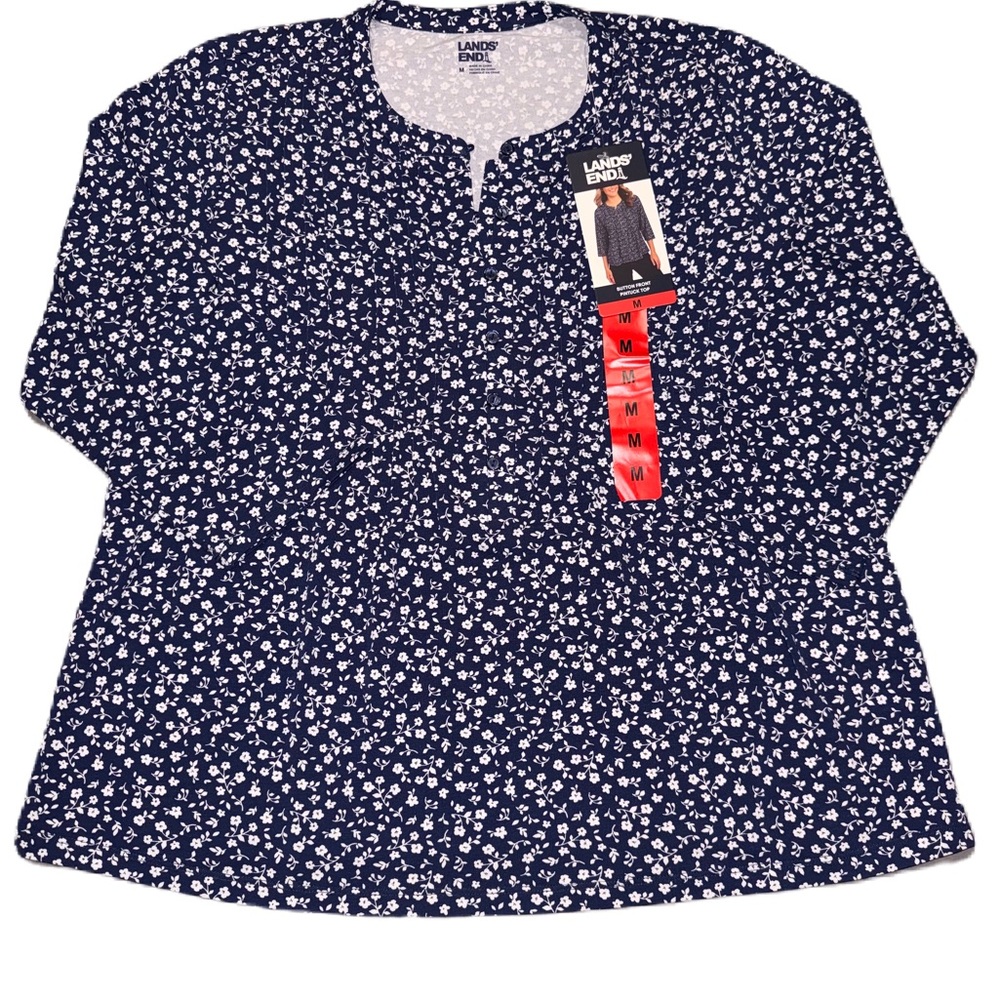 Lands’ End Navy Pintuck Accents 3/4 Sleeve Top Size M Lightweight Blouse NWT - Picture 2 of 7